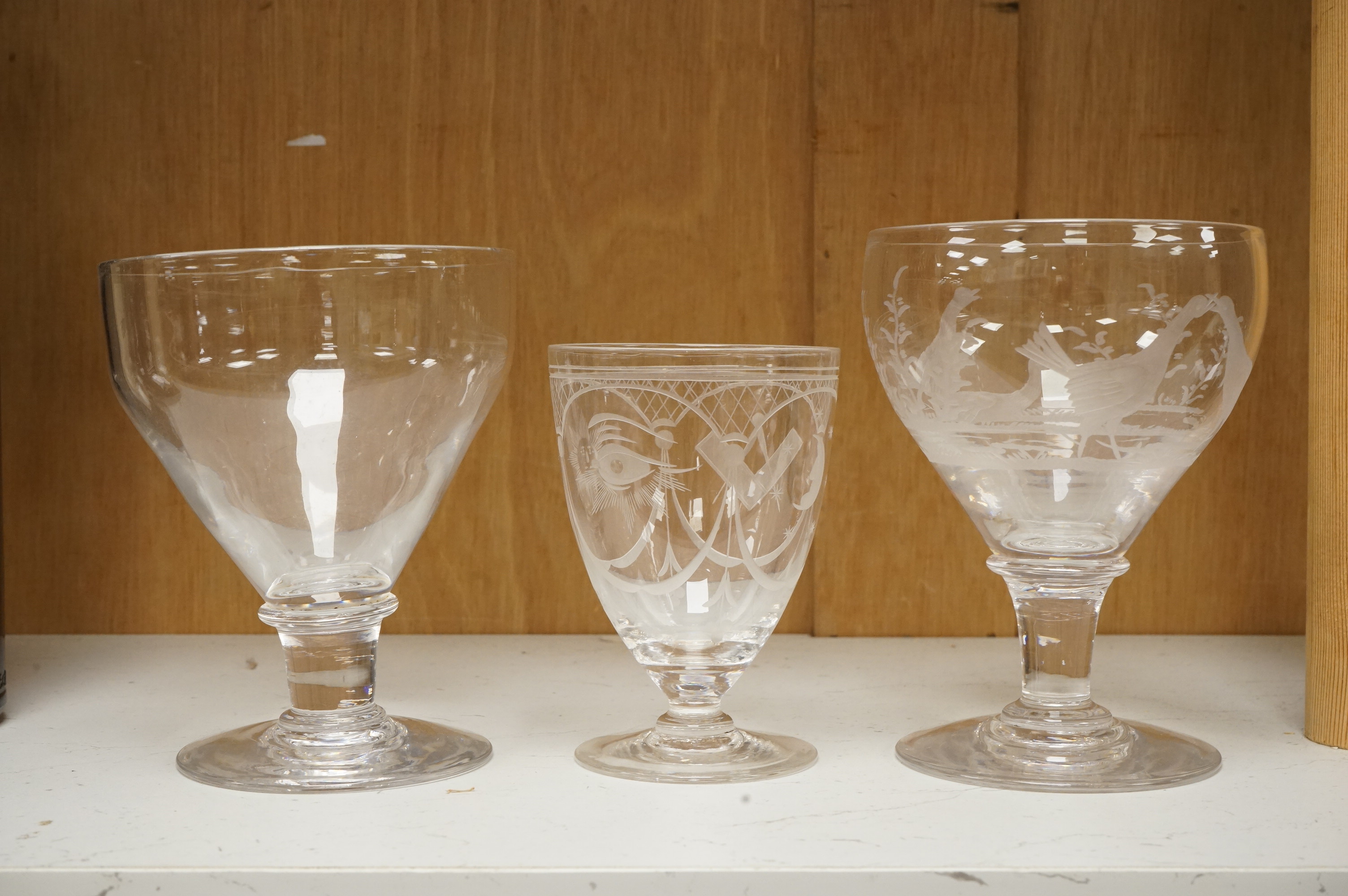 Two 19th century glass rummers and a smaller Masonic drinking glass, tallest 14cm